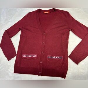 Elegant Burgundy Cardigan Sweater with Rhinestone Pockets